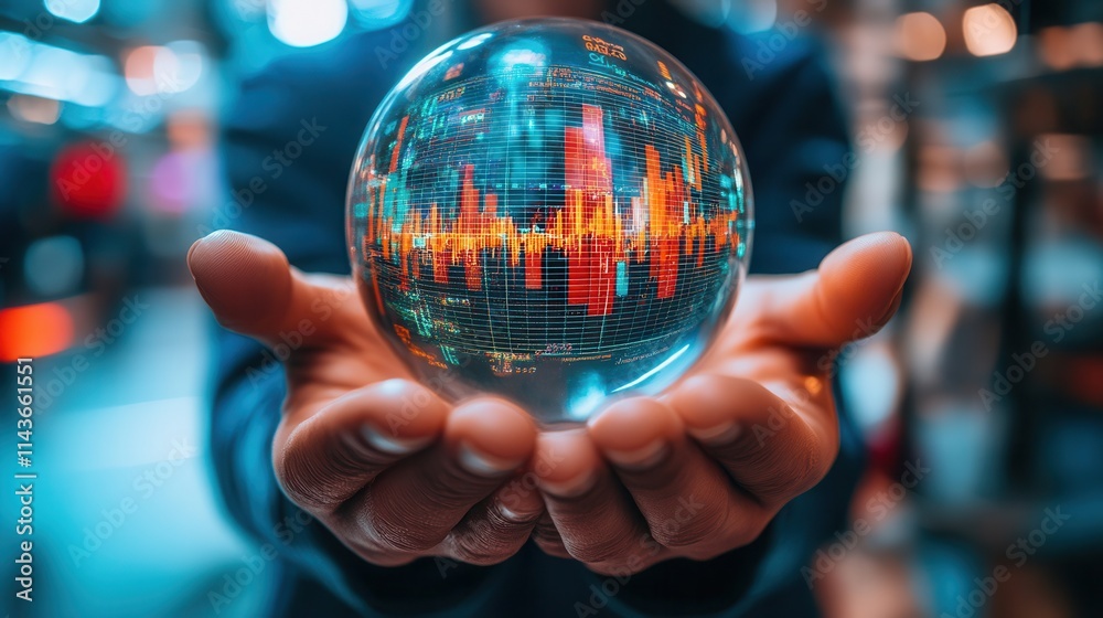 Poster A person holds a crystal ball displaying colorful data visualizations, symbolizing technology, data analysis, and futuristic insights.