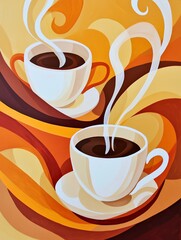 Obraz premium A vibrant illustration of two steaming coffee cups set against a warm, abstract background of swirls and colors.