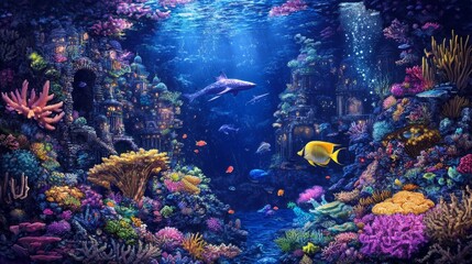 a majestic underwater city filled with glowing corals and fantastical marine creatures, the vibrant cityscape illuminated by bioluminescent lights, with unique sea creatures swimming gracefully among 