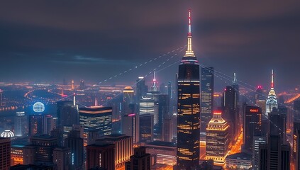 Fototapeta premium Night cityscape illuminated skyscrapers city skyline