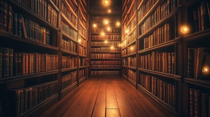 Obraz premium a mysterious library filled with glowing books and golden lights illuminating its ancient shelves, the warm golden glow casting enchanting shadows on the ornate bookshelves, creating an atmosphere of 
