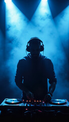 A silhouette of a DJ mixing music on a stage with dramatic blue lighting and smoke effects in the background