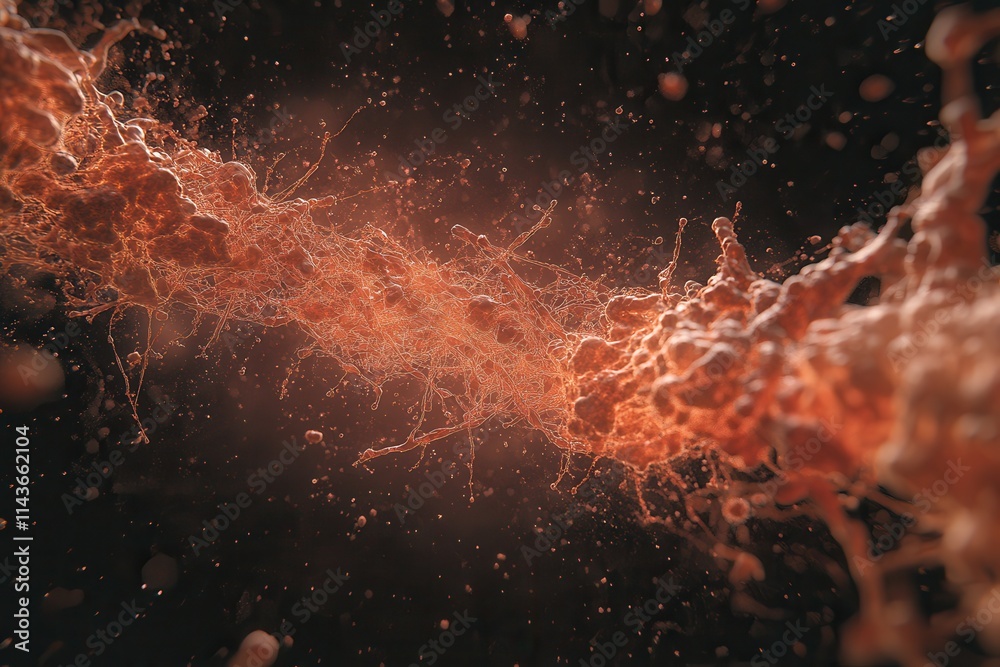 Poster A vibrant, abstract representation of microscopic structures, showcasing intricate textures and flowing forms in shades of orange against a dark background.