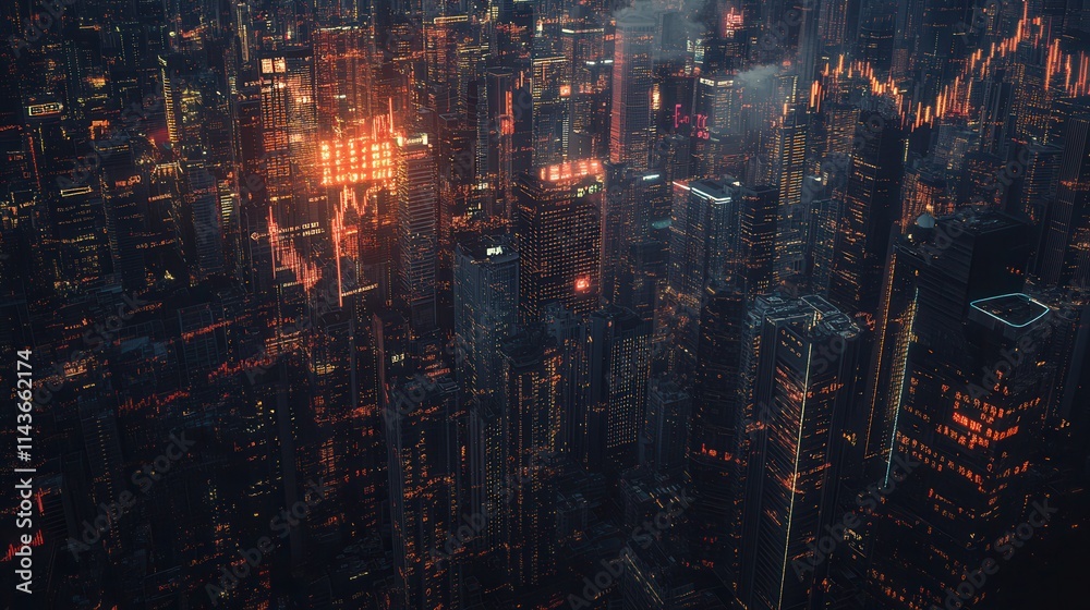 Poster aerial view of a futuristic cityscape illuminated by glowing lights against a dark backdrop, creatin