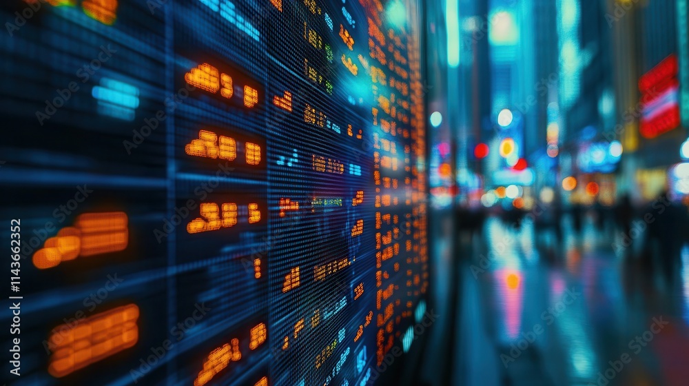 Poster a vibrant cityscape featuring illuminated digital screens displaying data, creating a modern urban a