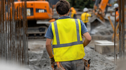 Worker Guiding Heavy Machinery on Construction Site
