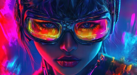A cyberpunk character portrait of an adult female wearing glasses