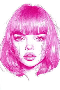 recommend clip art: A drawing of a woman with pink hair and bangs