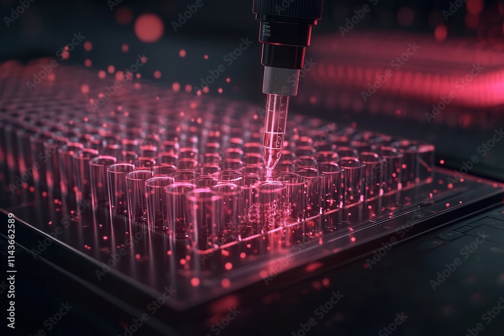 Poster a futuristic laboratory scene showing a pipette dispensing liquid into a grid of test tubes illumina