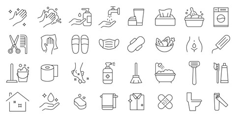 Hygiene icon set. containing sanitation, disinfection, sweep, bathing and more .editable stroke thin outline icon collection .