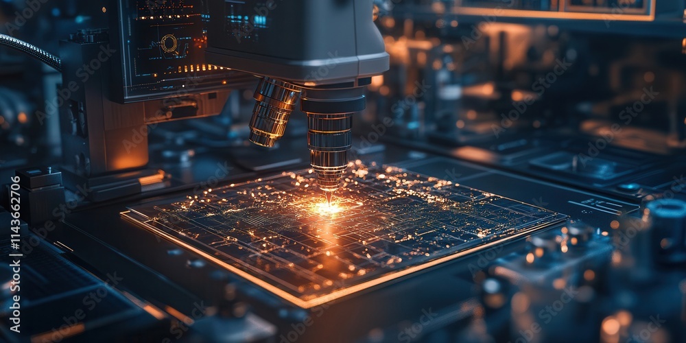 Poster A close-up view of a circuit board being examined under a microscope, showcasing intricate patterns and glowing connections, highlighting technology and innovation.