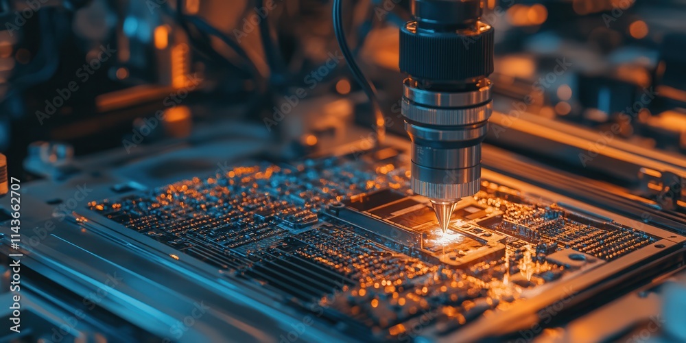 Poster A close-up view of a circuit board being inspected or modified, showcasing intricate details and illuminated components in a high-tech environment.