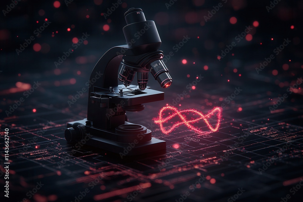 Poster a sleek microscope stands on a digital surface, with a vibrant red waveform emanating from it, symbo