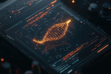 A glowing, abstract leaf shape appears on a dark digital interface, surrounded by vibrant data streams and technology elements.