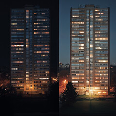 two identical images of an big apartment building, in the other image all of the lights are on and in the other image all of the lights are off