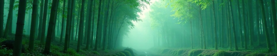 Bamboo forest with misty atmosphere and foggy conditions, outdoor scenery, mystical ambiance, nature scene