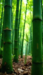Fototapeta premium Bamboo shoots emerging from the ground in a Kyoto forest, rural japan, bamboo forest