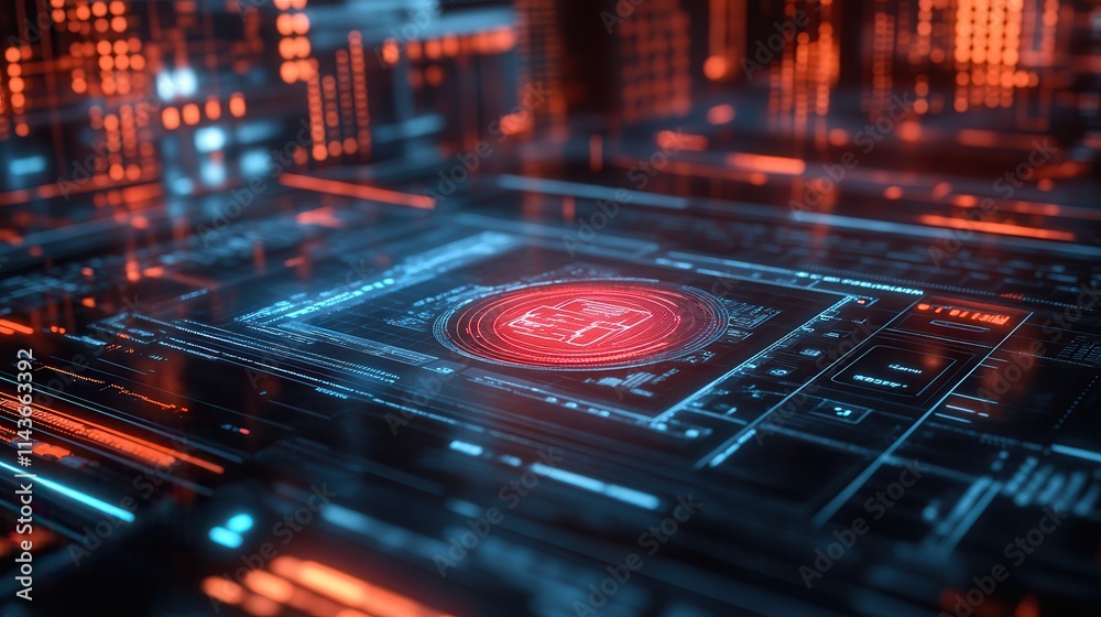 Poster a futuristic digital circuit design featuring vibrant red and blue lights, symbolizing advanced tech