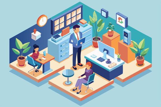 A vibrant office illustration showcasing new employees engaged in various work activities together New employee illustration that can be customized and is flat in style.