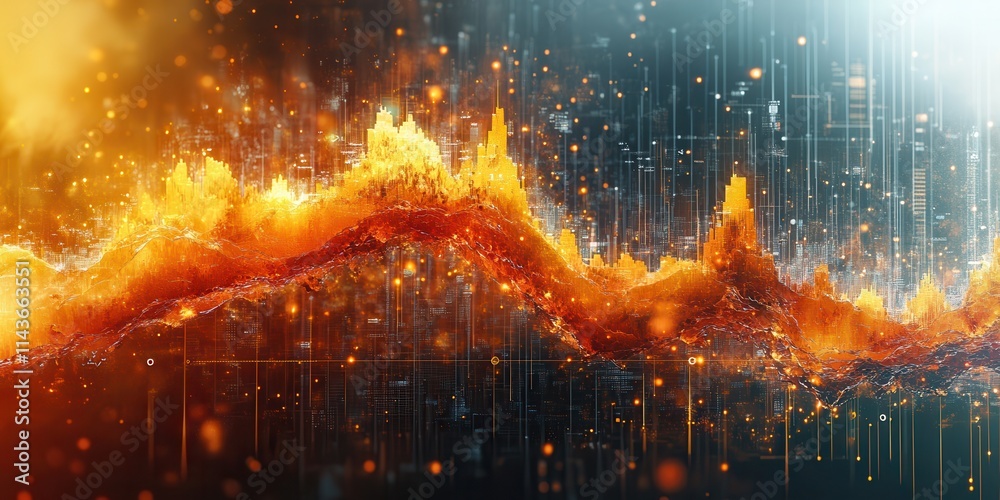 Poster a vibrant digital abstract combining fiery colors and data patterns, symbolizing energy and technolo