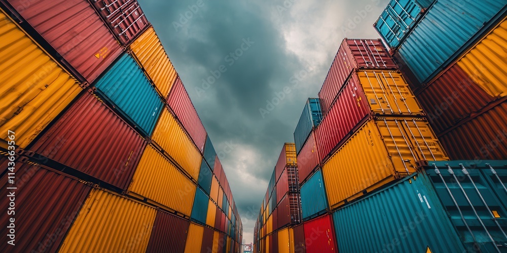 Aufkleber A vibrant view of stacked shipping containers under a moody sky, creating a striking contrast of colors and industrial ambiance.