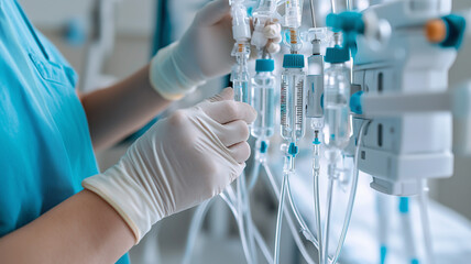 Fototapeta premium A healthcare professional in scrubs adjusts an IV drip, showcasing importance of patient care in medical setting. sterile environment emphasizes focus on health and recovery 