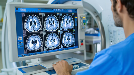 Healthcare technology in action, with a close-up of the CT scanner controls and a technician focused on the imaging process
