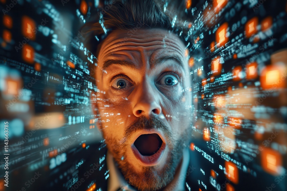 Poster a surprised man appears amidst a digital backdrop, conveying a sense of shock and awe, emphasizing t