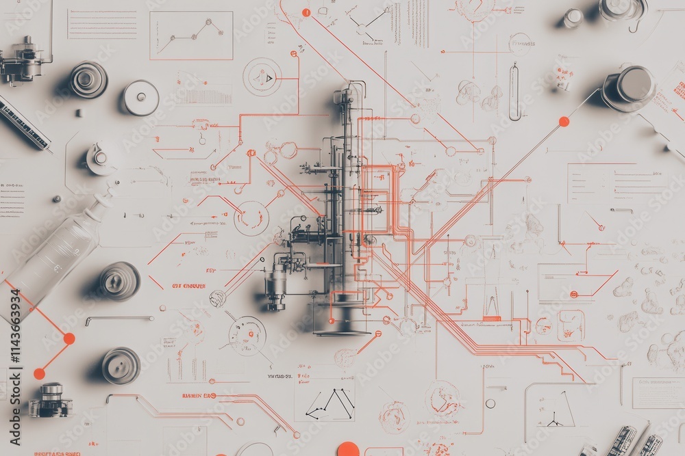 Poster A detailed overhead view of mechanical components arranged on a surface, featuring circuit-like patterns and a central complex structure.