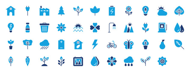 Set of Nature And Ecology blue icon. Farmhouse, Trash Can, Adapter, Factory, Leaf, Chakra, Battery, Flower, Green Energy, Weather, Eco Bulb, Bottle, Sunflower, Sunset, Clover Leaf vector.