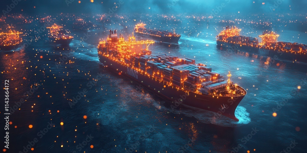 Poster a mesmerizing night scene of illuminated ships sailing through a misty waterway, creating a magical 
