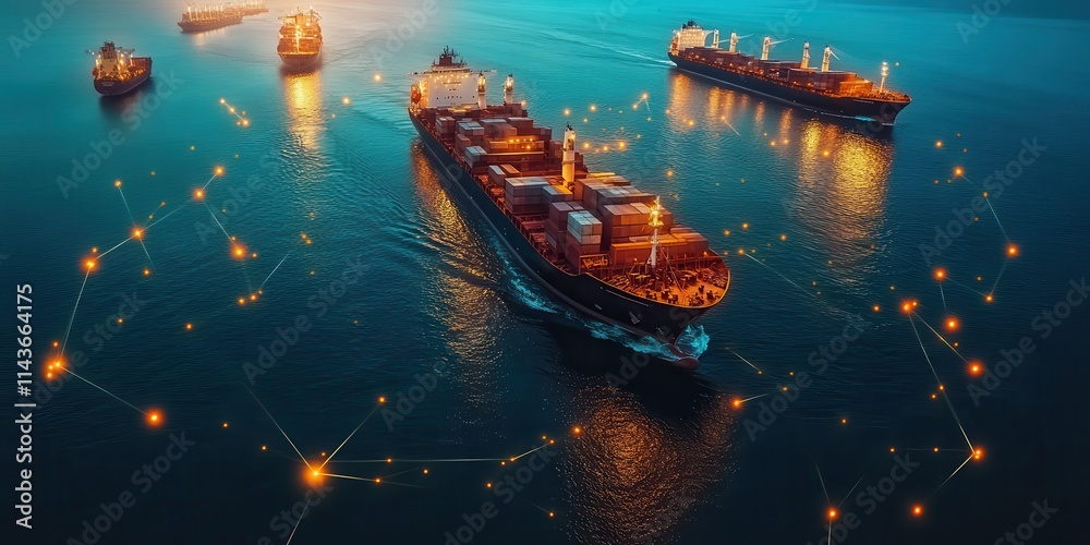 Poster aerial view of cargo ships on calm waters, illuminated by lights, connected by a network symbolizing