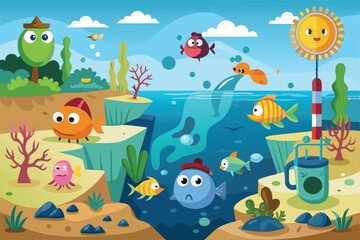 The illustration shows a vibrant underwater ecosystem affected by ocean acidification, featuring diverse sea creatures Ocean acidification cartoon illustration