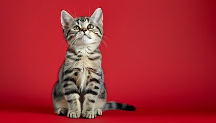 Adorable tabby kitten sits against a bold red backdrop.
