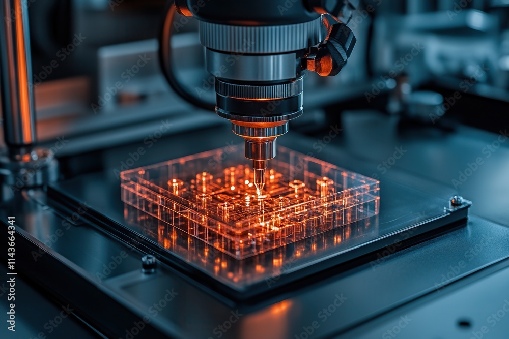 Aufkleber A microscope focuses on a transparent, illuminated sample on a laboratory platform, showcasing intricate patterns and vibrant colors.