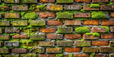 Textured Old Brick Wall with Lush Green Moss Growth