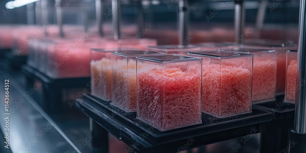 Aufkleber Various cubes filled with vibrant pink substances are arranged on a shelf, showcasing an intricate display of color and texture in a modern setting.