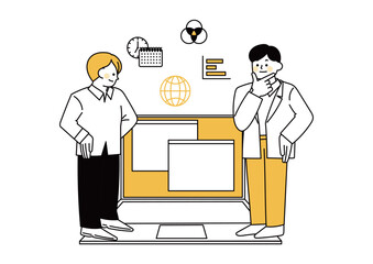 パソコンで仕事をしている若いビジネスマンたちのイラスト