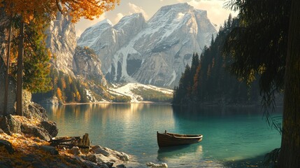 Serene lake surrounded by mountains and autumn foliage with a boat floating peacefully.