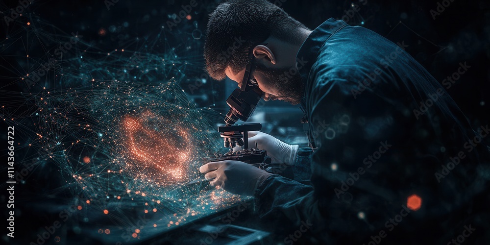 Poster a focused scientist examines sparkling particles under a microscope, surrounded by a dark, atmospher