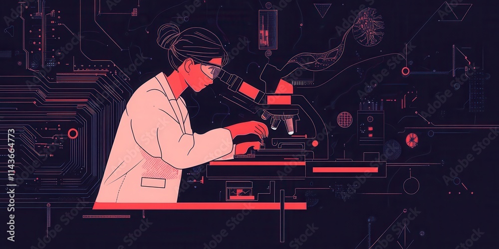 Aufkleber A scientist analyzes samples using a microscope, surrounded by modern technology and digital elements.