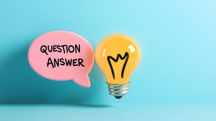 A light bulb symbolizing ideas, paired with a speech bubble labeled "Question Answer," representing curiosity and knowledge exchange.