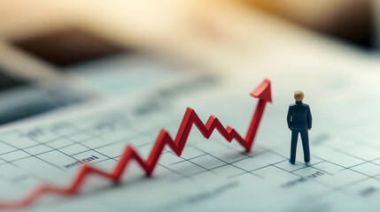 A miniature figure stands before a rising graph, symbolizing growth and success in business or investment.