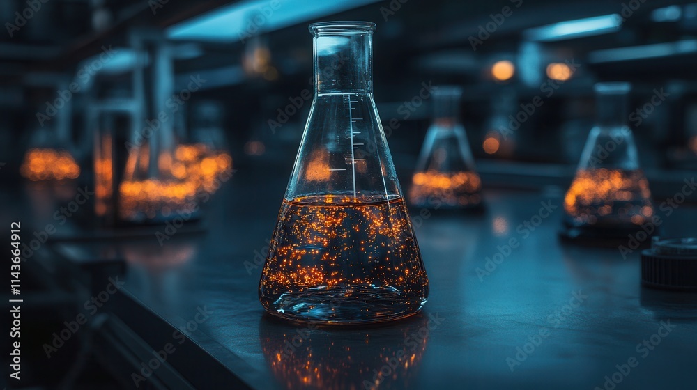 Poster a glass flask filled with a glowing liquid sits on a laboratory table, surrounded by other flasks, i