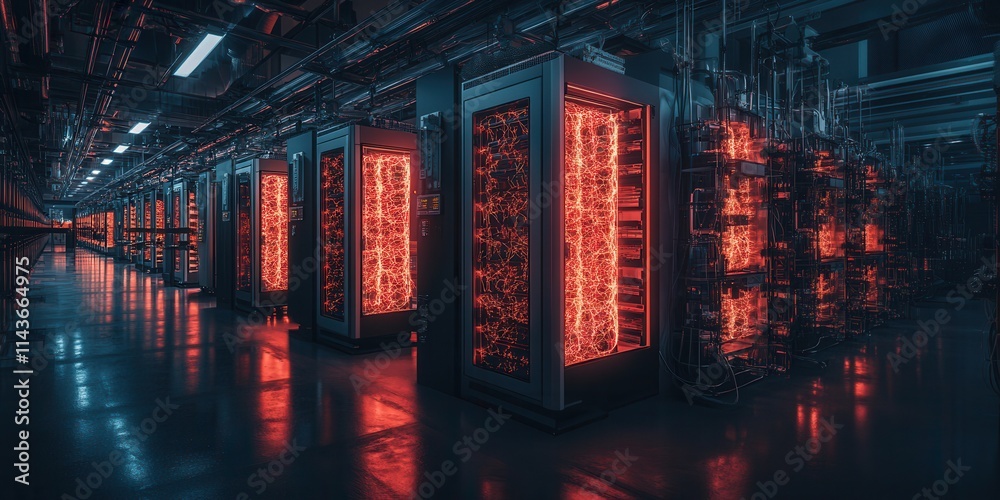 Poster a dimly lit data center featuring rows of server racks illuminated by vibrant red lights, showcasing