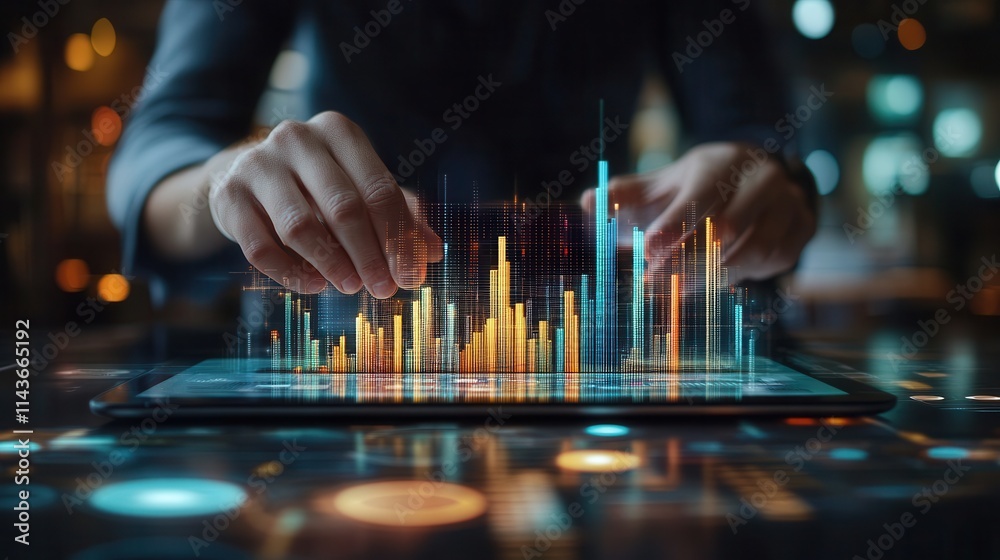 Poster A person interacts with a digital tablet displaying colorful data visualizations and analytics in a modern, tech-focused environment.