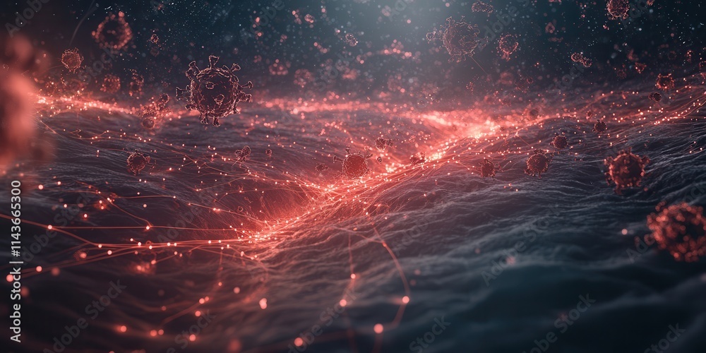 Poster a visually striking representation of interconnected particles, showcasing vibrant red lights agains