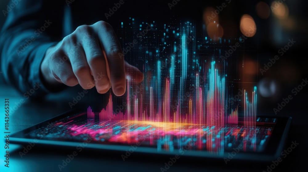 Poster A hand interacts with a digital tablet displaying vibrant data visualizations and colorful graphs, suggesting analytics or technological innovation.