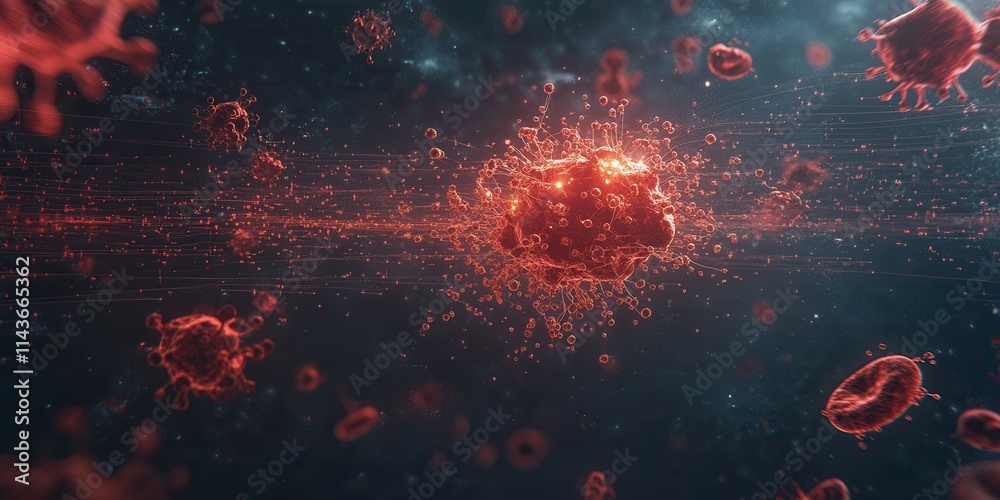 Poster a vibrant visualization of viruses in a digital space, showcasing their intricate structures and mov