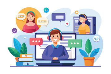 Online chat support helping customers with digital service management, Online chat support for managing services or assisting customers, with flat illustrations.